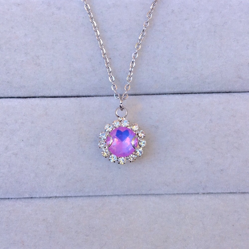 Pink-Purple Opal Aurora Borealis + Silver Crystal Drop Necklace